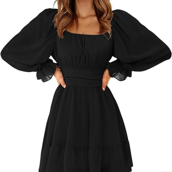 EXLURA women's  casual long lantern sleeve dress square neck ruffle size M black - Picture 3 of 8